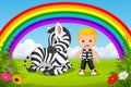 Cute boy and zebra at park with rainbow scene