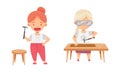 Cute boys doing carpentry work. Kids nailing up at craft lesson cartoon vector illustration