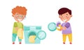 Cute boys doing laundry and washing dishes. Kids helping parents with housework, household chores cartoon vector