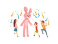 Cute Boys and Girl Celebrating Kids Party, Happy Children Having Fun with Animator in Rabbit Costume at Birthday or