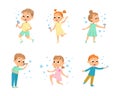 Cute Boys and Girls Blowing Soap Bubbles Having Fun Vector Set