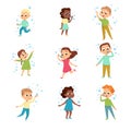 Cute Boys and Girls Blowing Soap Bubbles Set, Adorable Children Having Fun with Soap Bubbles Cartoon Style Vector