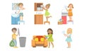 Cute Boys and Girls Doing Different Housework Chores Set, Kids Helping Their Parents with Home Cleaning Vector