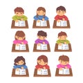 Cute Boys and Girls Learning to Write Set, Elementary School Students in Casual Uniform Making Homework Cartoon Vector