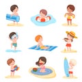 Cute Boys and Girls Playing on the Beach Set, Kids Summer Activities, Adorable Children Having Fun on Holidays Cartoon Royalty Free Stock Photo