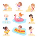 Cute Boys and Girls Playing on the Beach and Swimming in the Sea Set, Kids Summer Activities, Adorable Children Having Royalty Free Stock Photo