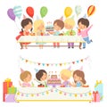 Cute Boys and Girls Sitting at Festive Table with Cake and Balloons Set, Happy Kids at Birthday Party Vector Royalty Free Stock Photo