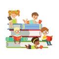 Cute boys and girls sitting on a pile of books and reading books, kids enjoying reading, colorful characters vector Royalty Free Stock Photo