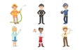 Cute Boys and Girls of Various Professions Set, Fireman, Policeman, Taxi Driver, Doctor, Cook, Pilot Vector Illustration