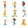 Cute Boys and Girls Working on Farm Set, Little Kids Farmers Characters in Overalls with Gardening Tools Cartoon Style Royalty Free Stock Photo