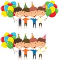 Cute boys huggings and carrying colorful bright balloons. Royalty Free Stock Photo