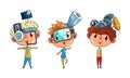 Cute Boys in Steampunk Headgear and Goggles Set, Scientist Children Doing Experiments Vector Illustration Isolated on