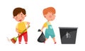 Cute boys sweeping floor and throwing garbage into trash can. Kids helping parents with housework, household chores