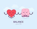 Cute brain and heart meditation. Logic and feel, cartoon characters.