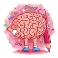 Cute brains illustration hold the big pencil