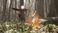 A cute brave elf fights with a magic elven sword with a terrible dangerous flying insect in a summer magic forest. Magic