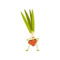 Cute Brave Onion Vegetable Character in Pants with Funny Face Vector Illustration