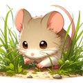 A cute and bravely tiny field mouse, playing through a miniature forest of blades of grass, in cartoon style, digital anime art