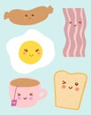 Cute breakfast icons. Funny toast bread, tea, egg
