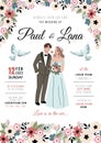 Cute bride and groom. Invitation wedding ceremony poster design, couple in love, newlyweds romantic party, official event, card Royalty Free Stock Photo