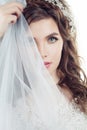 Cute bride woman in veil, face closeup female portrait. Royalty Free Stock Photo