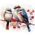 cute bright birds on a branch with a red berry in the winter