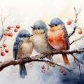 cute bright birds on a branch with a red berry in the winter