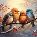 cute bright birds on a branch with a red berry in the winter