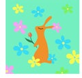 Cute bright card with cartoon rabbit. The hare is holding a tulip. There are many flowers around. Funny vector