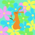 Cute bright card with cartoon rabbit. The hare is holding a tulip. There are many huge delicate colorful flowers around. Funny