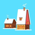 Cute bright cartoon house on winter. Vector winter village huts