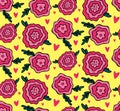 Cute bright childish seamless pattern vector floral background with pink fantasy rose, peony flower on yellow backdrop. Design for