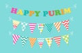 Cute bright and colorful bunting flags for Happy Purim jewish holiday