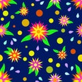 Cute, bright, Mexican floral seamless pattern for textile, plastic, ceramics, paper. Vector hand drawing on dark blue background