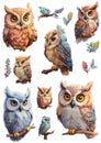 Cute bright owls in cartoon style sticker pack