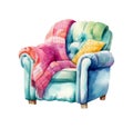 A cute bright pink blanket on a soft green and blue vintage armchair, watercolor drawing, isolated on white background Royalty Free Stock Photo