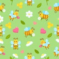 Cute and bright seamless pattern with cartoon love bees and daisies made in vector