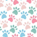 Cute bright seamless pattern with crayon pencil textured pet paw in pastel colors. Vector background with dog or cat leg footprint