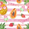 Cute and bright summer beach seamless pattern with hand painted ripe fresh tropical fruits and dessert on pink striped background Royalty Free Stock Photo