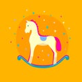 Cute bright vector rocking horse isolated on yellow background. Baby toy. Design element for logo, card, t-shirt print, invitation