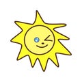 Cute bright yellow kawaii the sun shines, smiles and winks with one eye.