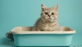 Cute British Shorthair cat in litter box on blue background Royalty Free Stock Photo