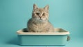 Cute British Shorthair cat in litter box on blue background Royalty Free Stock Photo