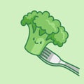 Cute broccoli character on the fork. Cartoon vector isolated illustration Royalty Free Stock Photo