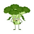 Cute broccoli characters with angry emotions, face, arms and legs. The funny or grumpy hero, green vegetable or cabbage