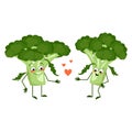Cute broccoli characters with love emotions, face, arms and legs. The funny or happy heroes, green vegetable or cabbage