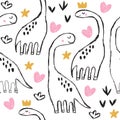 Cute brontosaurus and doodles seamless pattern