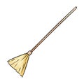 Cute broomstick besom doodle. Happy Halloween related icon - magic broom. Vector isolated symbol. Cartoon image element: witch or