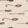 Cute broomstick doodles seamless pattern. Halloween decoration magic brooms background texture tile