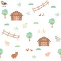 Cute brown barn, green trees, fence, farm cartoon animals seamless pattern on white background. Vector illustration in flat style